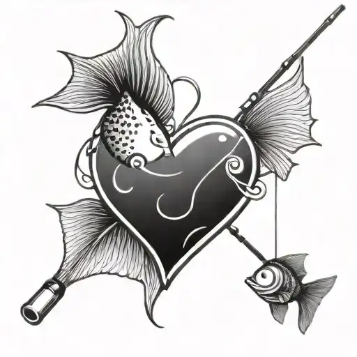 fishing pole and fish in the shape of an upside down heart tattoo design idea