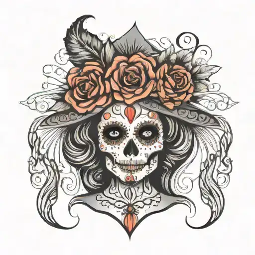la Catrina with a long sugar skull face dress tattoo design idea