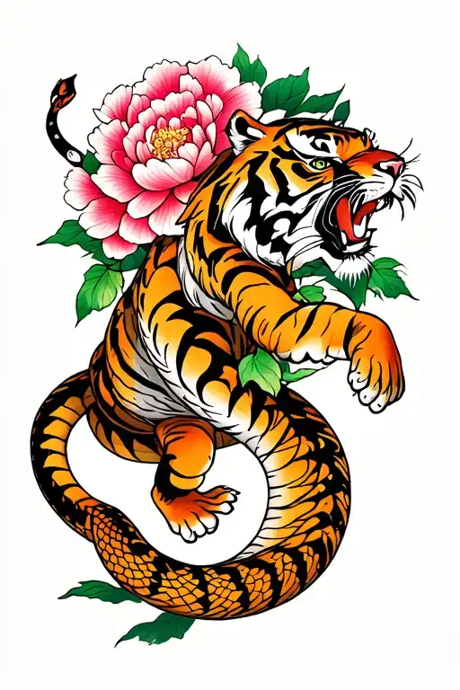 traditional oldschool tiger fighting with snake wirh japanese background shading and peony tattoo design idea
