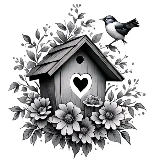 birdhouse with a heart opening flowers and a bird  tattoo design idea