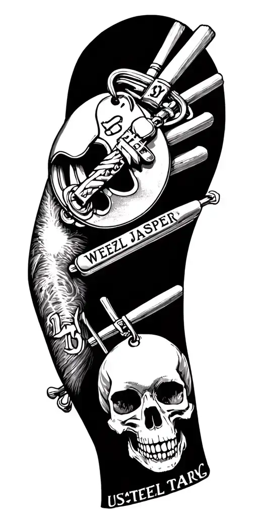 Make a full arm sleeve that has dog tags that say Wetzel Jasper USMC and the Marian and has a skull with drumsticks tattoo design idea
