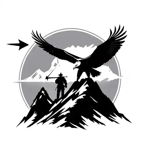 A soldier silhouette standing on a mountain peak with an eagle flying overhead and an arrow in hand tattoo design idea