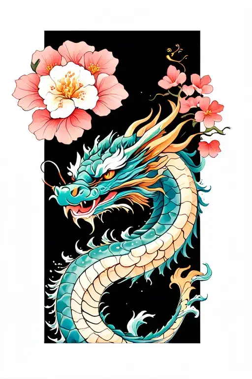 neo japanese dragon with waves and cheery blossom on forearm tattoo design idea