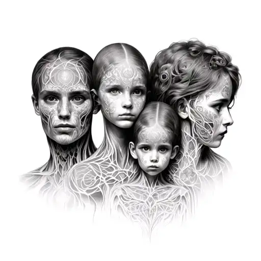 A family of four rendered in Alex Grey's visionary style, with translucent anatomical details revealing the intertwining tattoo design idea