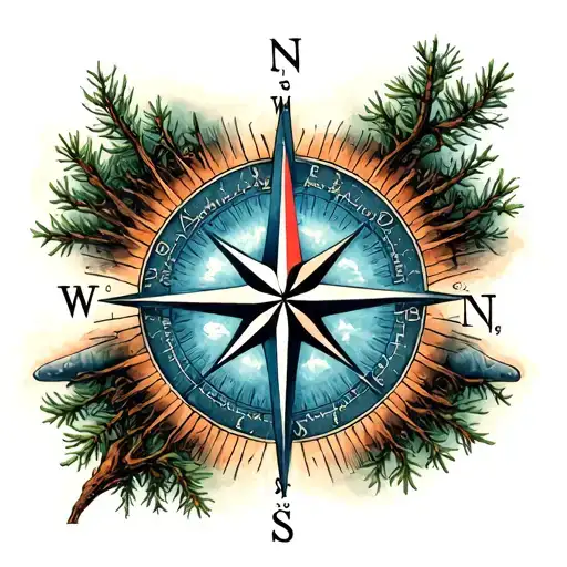 Nautical compass rose ringed with eye patterns, in one quadrant put a guitar, the next quadrant a windswept pine tree, t tattoo design idea