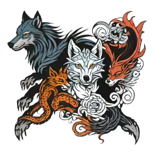 wolf, dragon, sea, nine tialed fox surrounded tattoo design idea