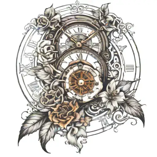 Please make me a sketch for a tattoo of a clock and a flower so that I have space to insert two children's names tattoo design idea