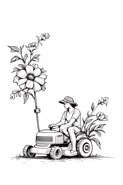 sitting Lawnmower with flowers blooming tattoo design idea