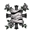 cross with a scroll wrapped around it saying "Vincent Hernandez", and three roses by it tattoo design idea