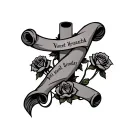 cross with a scroll wrapped around it saying "Vincent Hernandez", and three roses by it tattoo design idea
