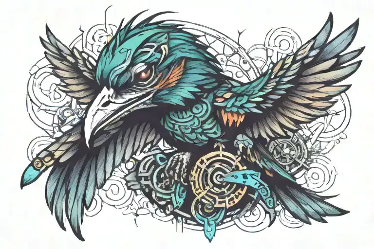 Cyberpunk Quetzel bird tattoo design idea