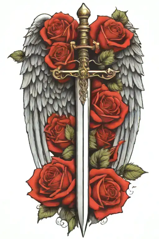 angel wings behind sword, roses tattoo design idea