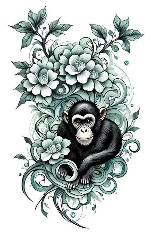 mystical swirly style tattoo of vines and jade flowers with a monkey, it should be very whimsical tattoo design idea