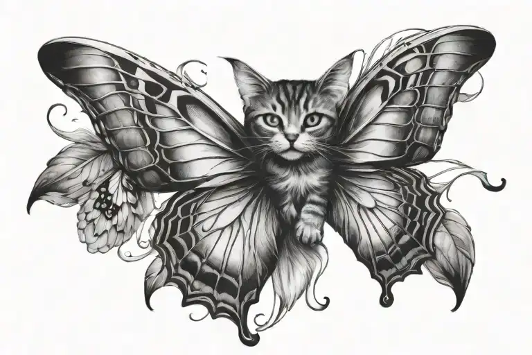 cat and butterfly wings tattoo design idea