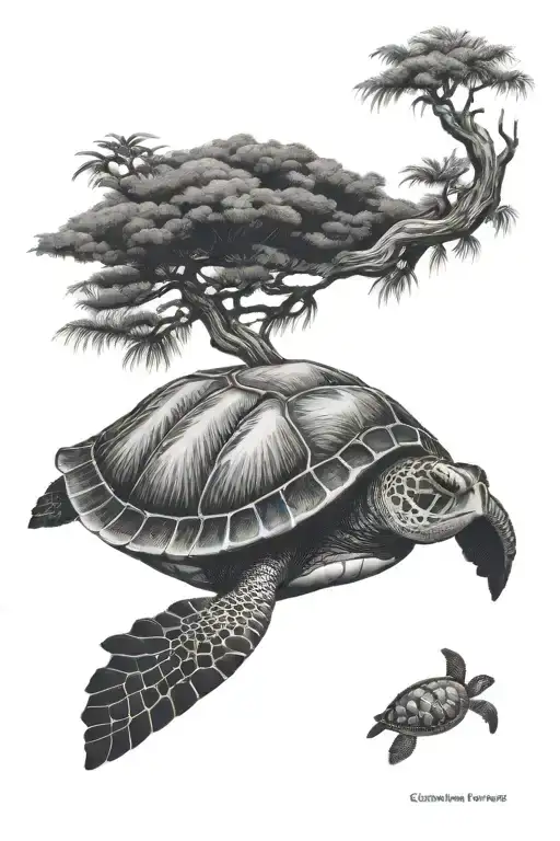 sea turtle and Cypress tree tattoo design idea