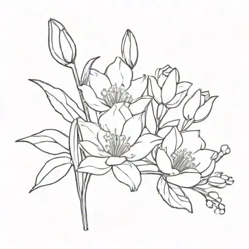 carnation and snowdrop, larkspur and water lily flowers tattoo design idea