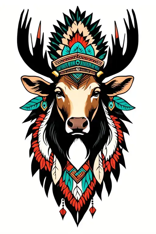 moose head with feminine qualities and Native American and Art Deco elements tattoo design idea