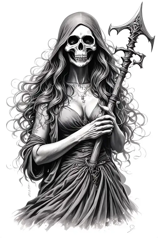 grim Reaper sexy faceless woman with flowing hair holding sythe tattoo design idea
