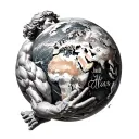 hyper realistic statue of Atlas holding up the world. with cursive script in the world part with the name Judah Atlas tattoo design idea