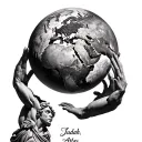 hyper realistic statue of Atlas holding up the world. with cursive script in the world part with the name Judah Atlas tattoo design idea
