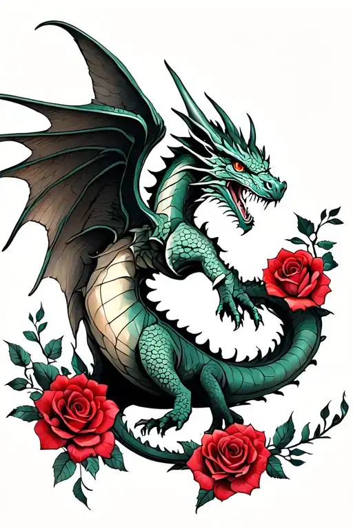 Sketch of a Scandinavian dragon tattoo with red lush roses and outstretched wings tattoo design idea