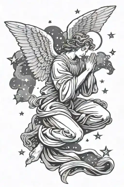 angel praying in the sky filled with stars tattoo design idea