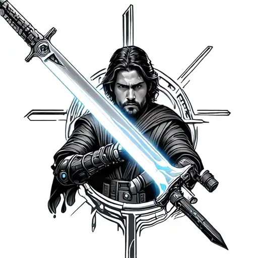 cloud buster sword as luke in star wars with tron and stargate arm sleeve tattoo design idea