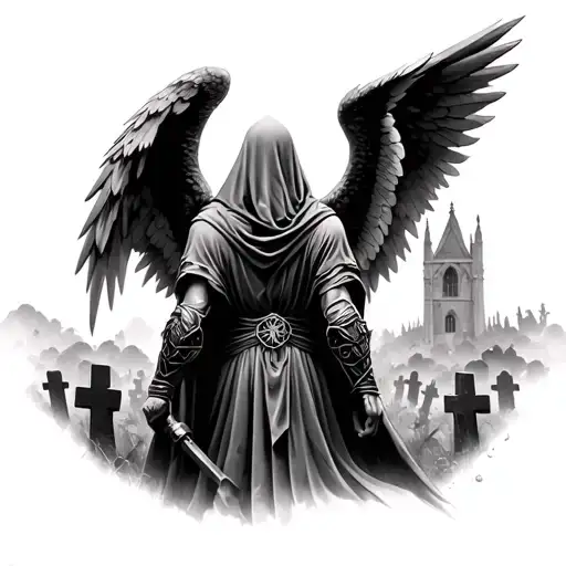 back tattoo of realistic hooded warrior angel with wings in front of a cathedral in graveyard, dark and gothic theme tattoo design idea