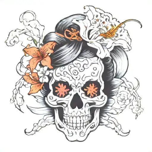 spider lily skull geisha tattoo design idea