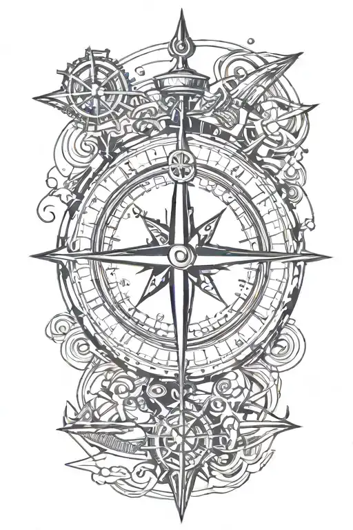 compass with a trident below, a submarine, an anchor with coordinates tattoo design idea