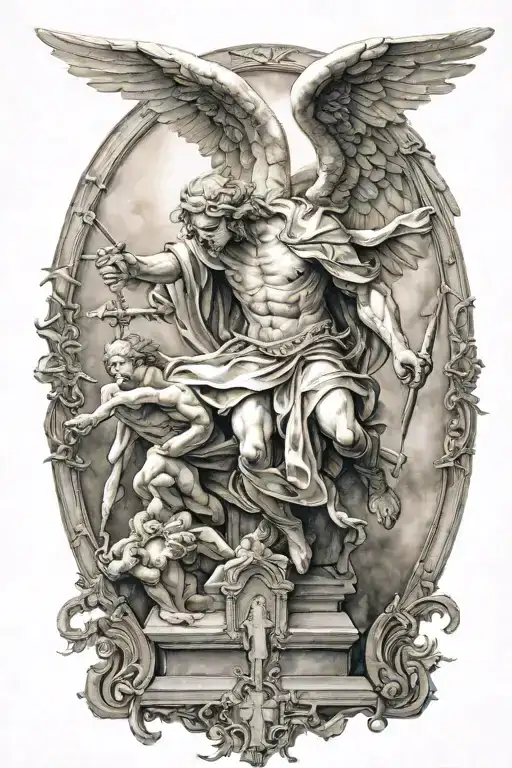Michael arch angel with three crosses below him, white fighting a demon tattoo design idea