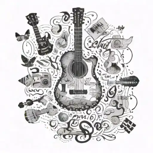 A collage of postcards from different countries forming the shape of a guitar, with your girlfriend's name written in elegant script, capturing your love for travel, music, and her tattoo design idea