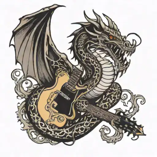 A black and white dragon tattoo curls around the neck of the guitar tattoo design idea