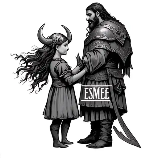 Viking tattoo of a father and daughter with the name ESMÉE tattoo design idea