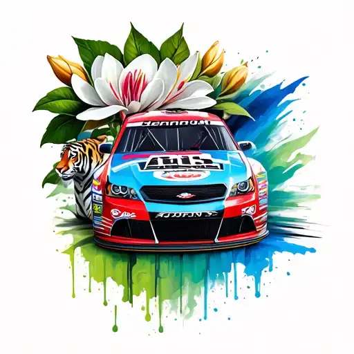 NASCAR race car with a tiger and a magnolia flower blooming  colors red, blue, and green tattoo design idea