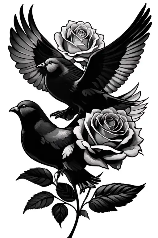 roses and dove flying tattoo design idea