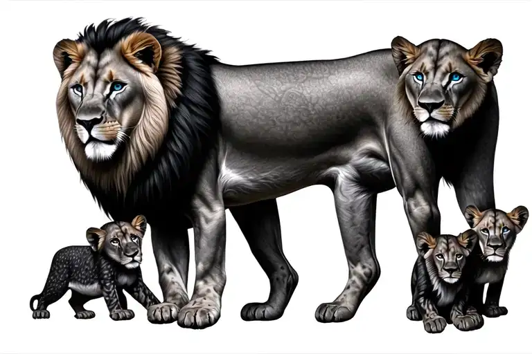 A realistic upper back tattoo of a lion and lioness and two cubs Tattoo is greyscale and the lions have blue eyes tattoo design idea