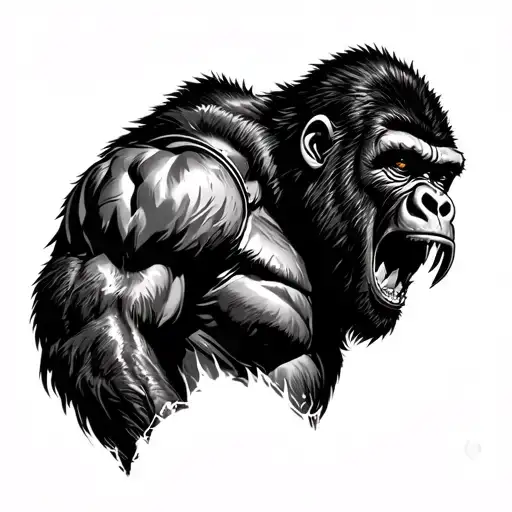 Gorilla & Gladiator merged, gorilla facing sideways roaring, gladiator facing the opposite side. Add shading tattoo design idea
