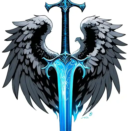 blue sword with Angel wings holding tattoo design idea