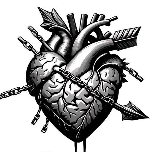 heart pierced by an arrow. Arrow with chain connected to the brain tattoo design idea