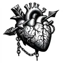 heart pierced by an arrow. Arrow with chain connected to the brain tattoo design idea