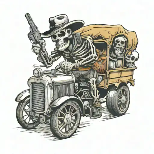 skeleton cowboy driving a lorry truck tattoo design idea