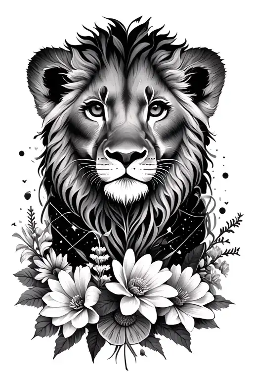 lion cub surrounded by Virgo constellation, bouquet of asters, delphinium, water lilies and morning glories tattoo design idea