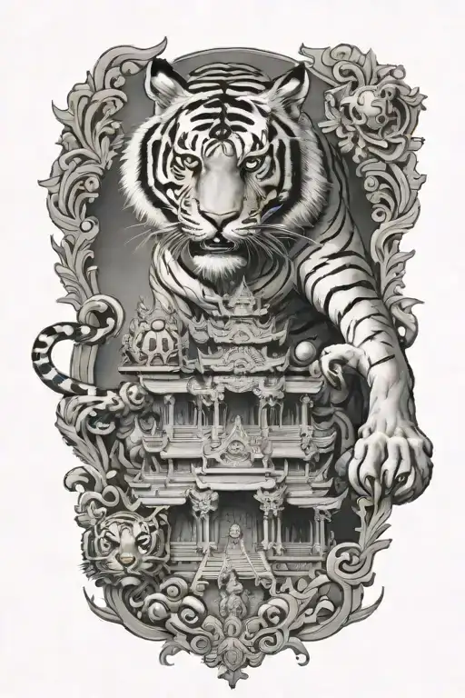 Thai temple and tiger tattoo design idea