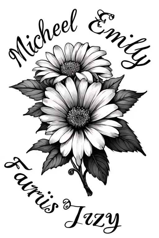 "Michel Emily Farris Izzy " Flower then for the stem in cersive it has the names  tattoo design idea