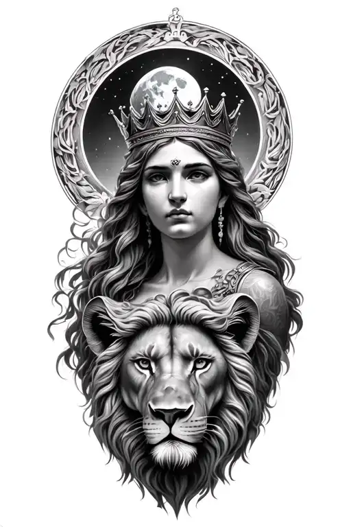 black & grey realism greek goddess rhea wearing crown with lion and moon tattoo design idea
