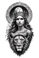 black & grey realism greek goddess rhea wearing crown with lion and moon tattoo design idea