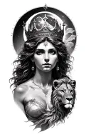 black & grey realism greek goddess rhea wearing crown with lion and moon tattoo design idea