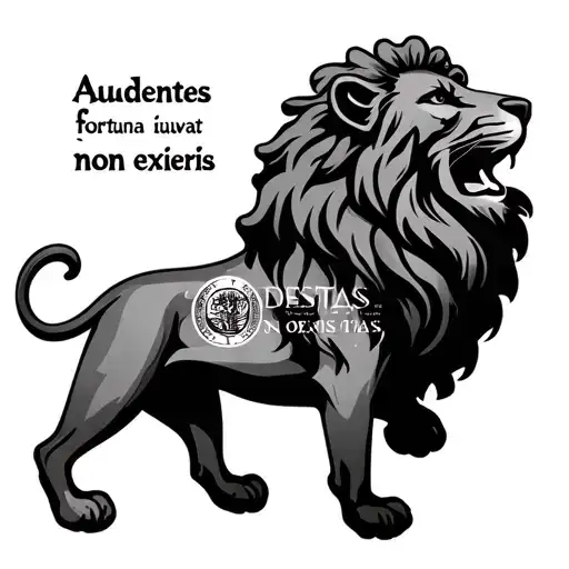 latin words as a coin with lion "audentes fortuna iuvat non desistas non exieris" tattoo design idea