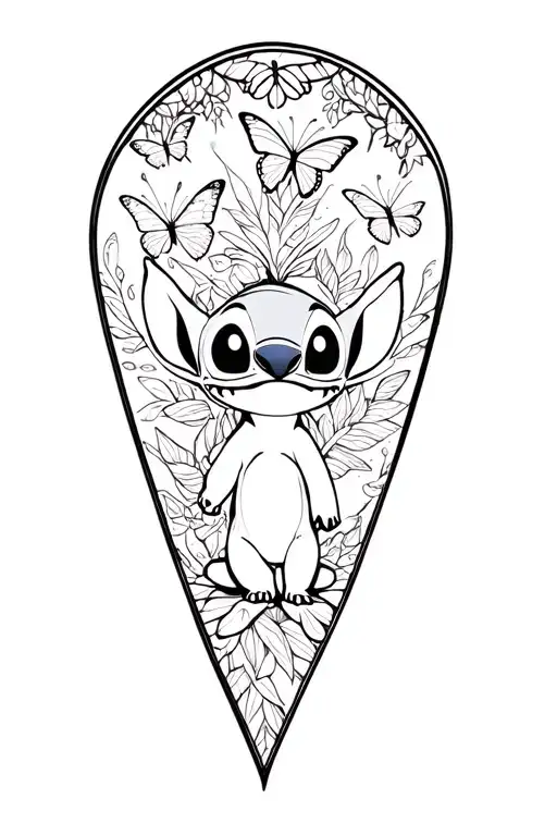 Lilo and Stitch themed tattoo with a blackwork design featuring Ohana symbol and Stitch surrounded by butterflies tattoo design idea